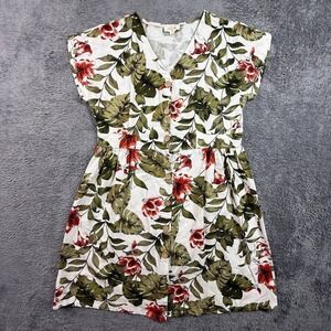 Chocolate USA Women S Linen Blend Button Front Floral Dress Cap Sleeve V-Neck